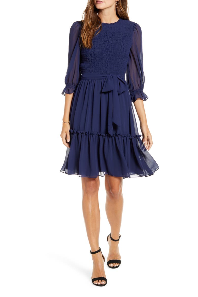 Smocked Dress, Main, color, NAVY