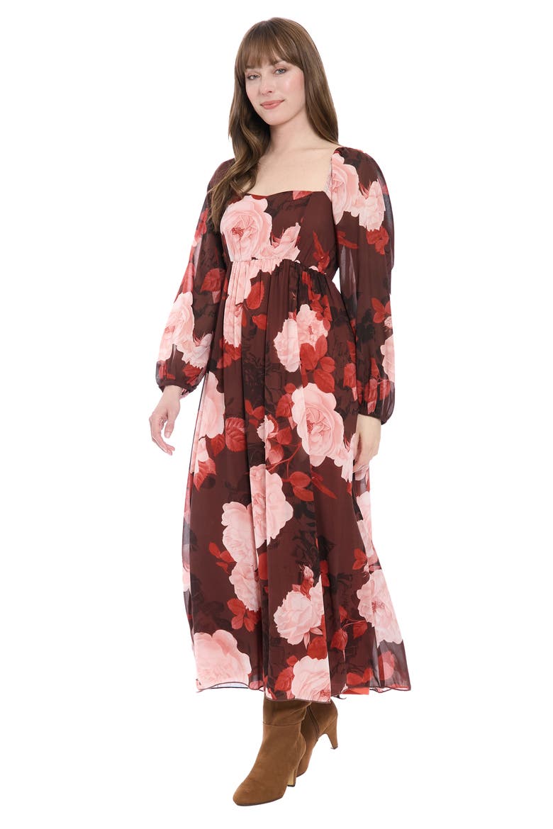 Bishop Sleeve Smocked Back Maxi Dress, Alternate, color, CHOCOLATE/ BLUSH