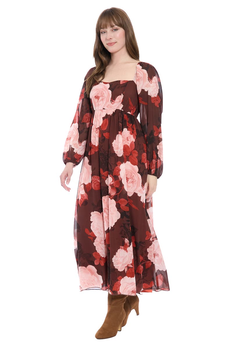 London Times Bishop Sleeve Smocked Back Maxi Dress, Alternate, color, Chocolate/ Blush