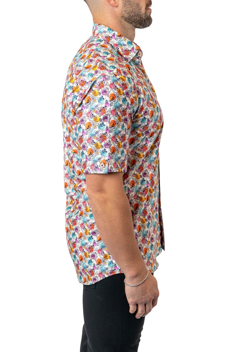 Maceoo Galileo Floral Skull 12 White Contemporary Fit Short Sleeve Button-Up Shirt, Alternate, color, White