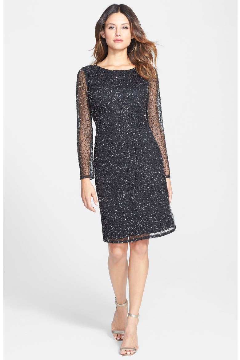 Beaded Mesh Sheath Dress, Alternate, color, MERCURY