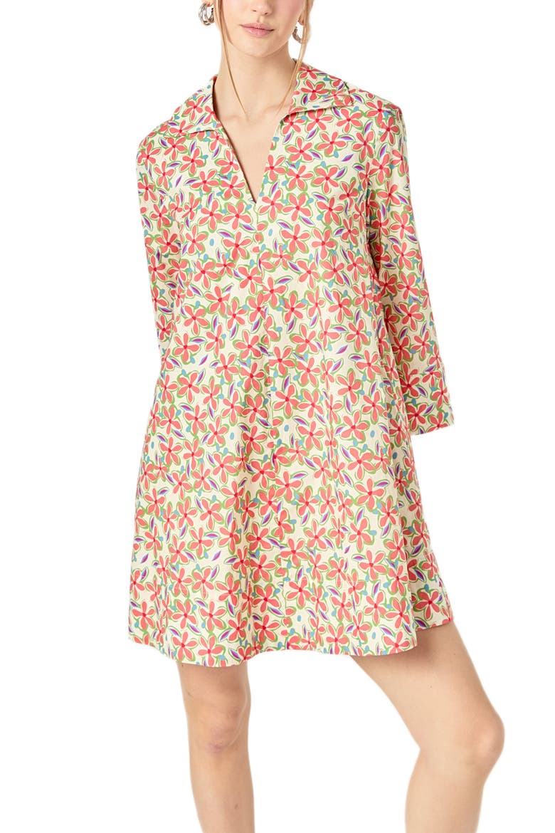 Floral Johnny Collar Cotton Trapeze Dress, Alternate, color, CREAM MULTI