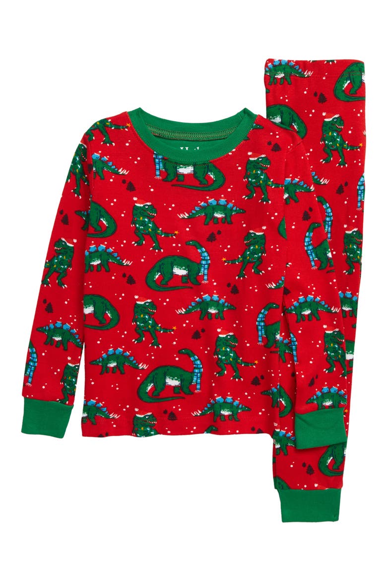 Festive Dinos Fitted Two-Piece Pajamas, Main, color, RED