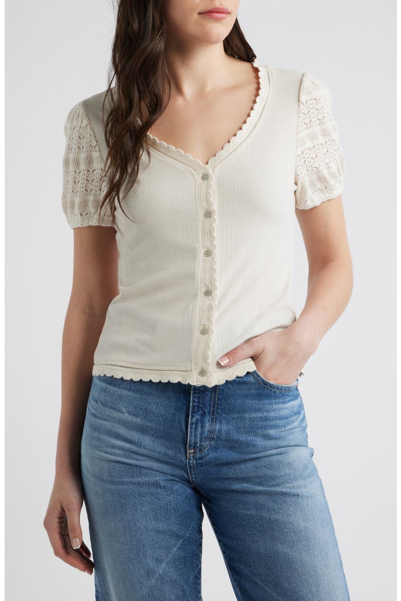 Rib Knit Short Sleeve Button-Up Shirt, Main, color, CREAM