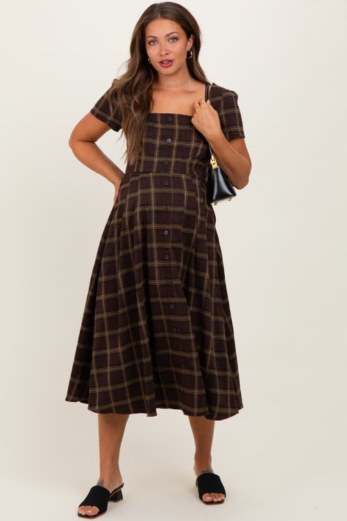 Pinkblush Plaid Button Down Midi Dress In Brown