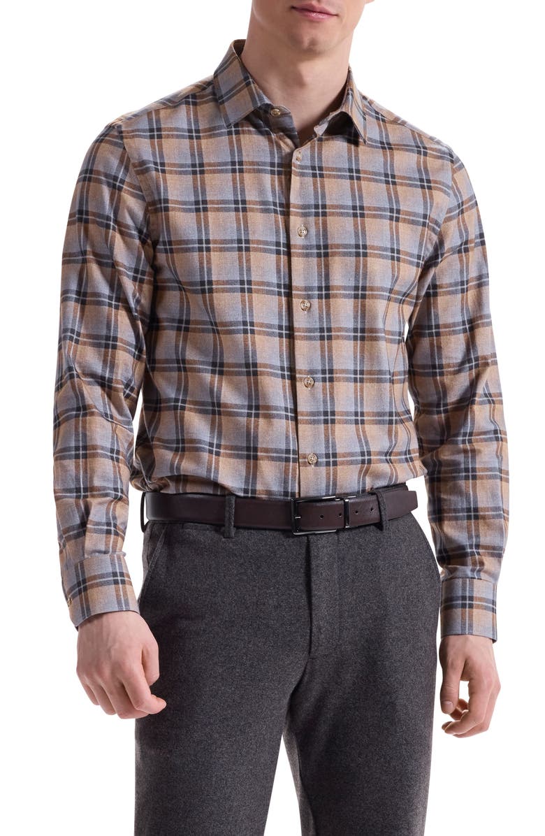 Bugatchi Julian Shaped Fit Plaid Cotton Button-Up Shirt, Main, color, Camel