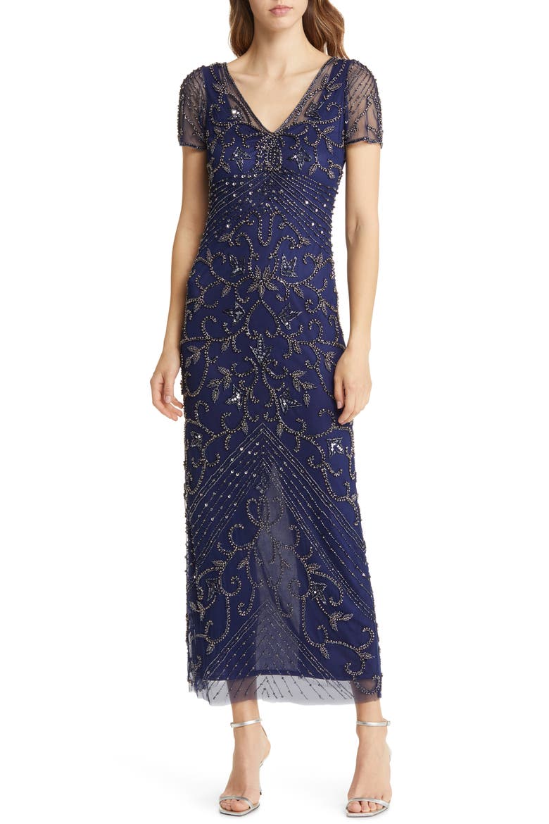 Beaded Mesh Column Gown, Main, color, SAPPHIRE 430