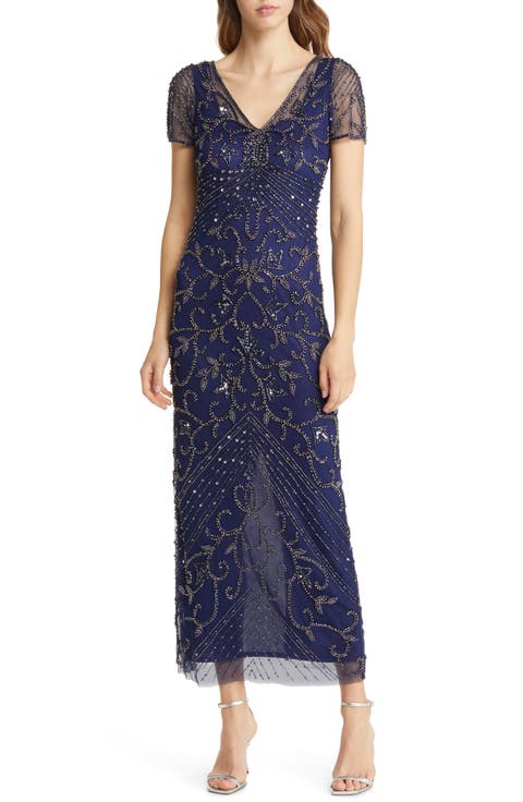 Beaded Mesh Column Gown (Regular & Plus)