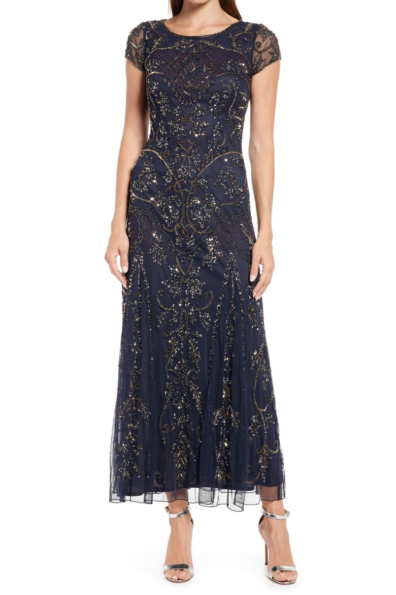 Beaded Mesh Midi Cocktail Dress, Main, color, NEW SLATE