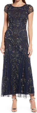 Pisarro Nights Beaded Mesh Midi Cocktail Dress