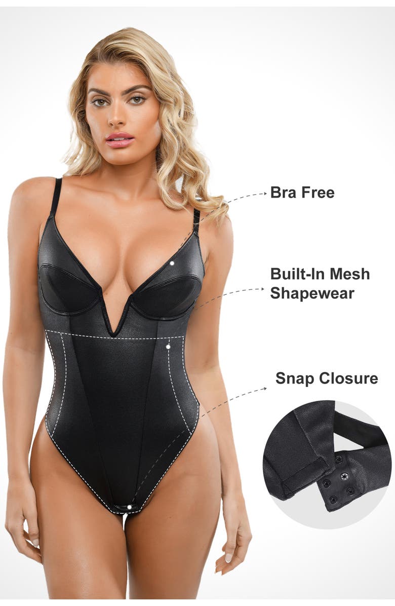 Popilush Shapewear Faux Leather Plunging V Sculpting Corset Bodysuit, Alternate, color, 