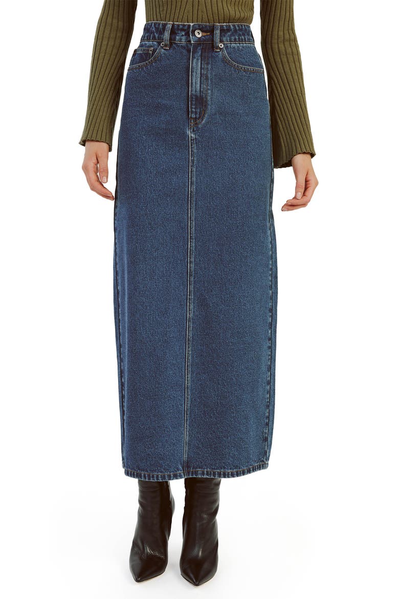 Evianna Denim Maxi Skirt, Alternate, color, WASHED INDIGO
