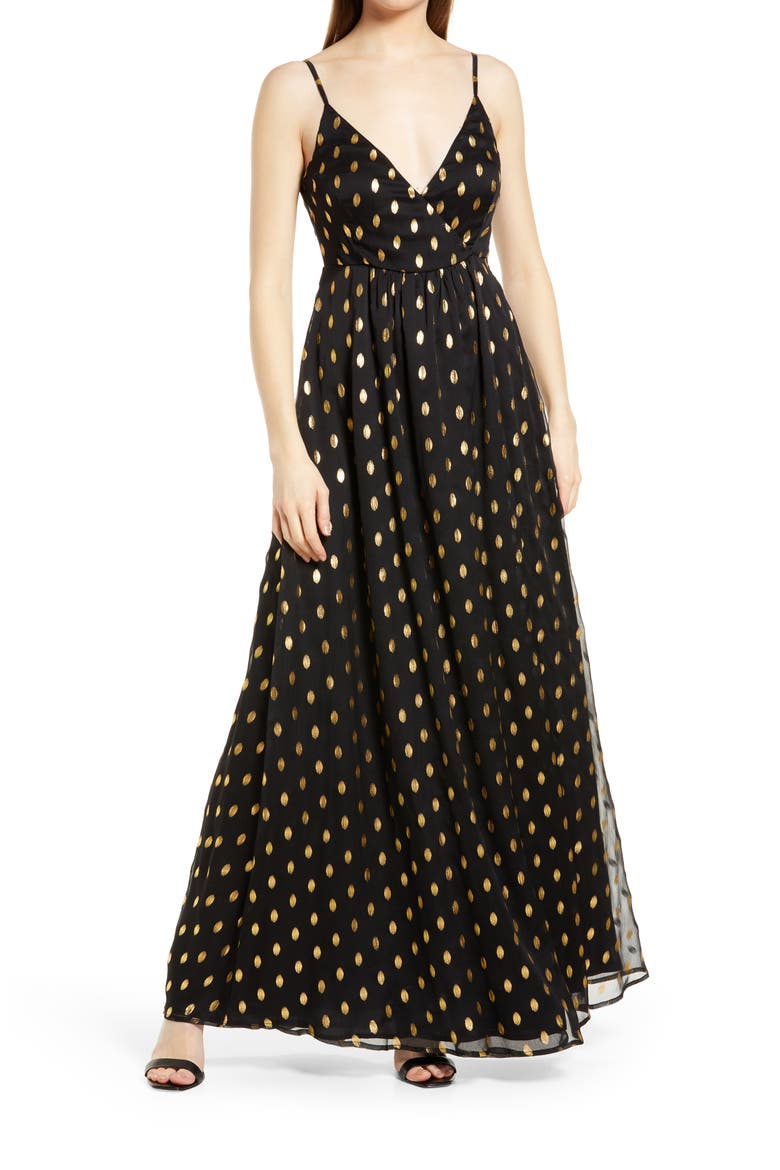 Galaxy Lights Polka Dot Sleevleees Maxi Dress, Main, color, BLACK AND GOLD