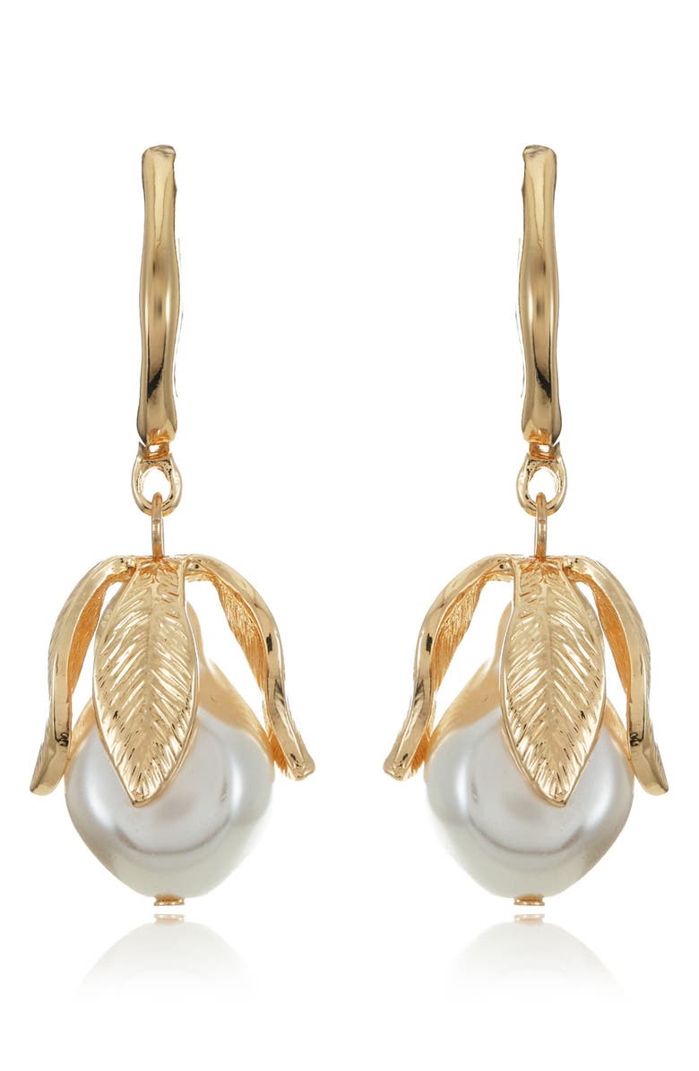 Ettika Faux Pearl Blossom Drop Hoop Earrings, Alternate, color, Gold