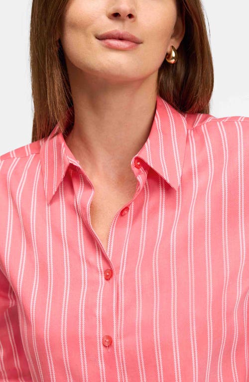 Foxcroft Evelyn Stripe Three-quarter Sleeve Cotton Button-up Shirt In Pink
