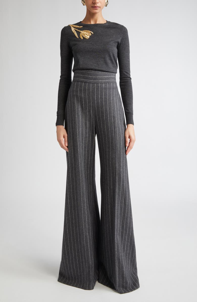 Carolina Herrera Diane Pinstripe Wool Blend Wide Leg Pants, Alternate, color, Charcoal Grey