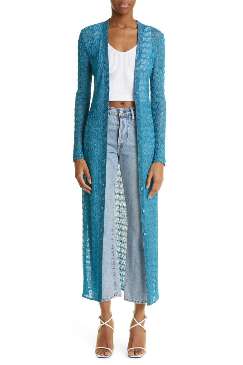 Raschel Lamé Lace Longline Cardigan, Main, color, TURQUOISE LAM LIGHT BLUE