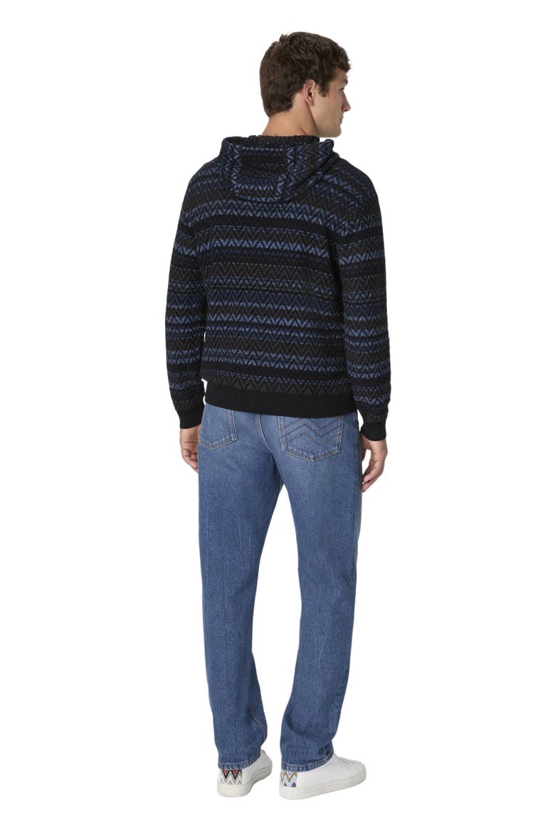 Hooded Sweater In Wool Blend With Zigzag Pattern, Alternate, color, Black & Blue