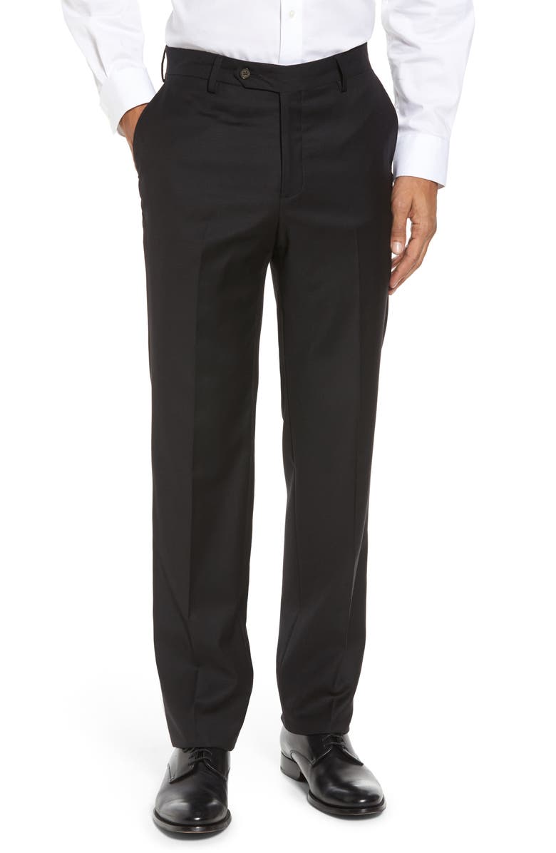 Berle Flat Front Modern Fit Gabardine Stretch Wool Trousers, Main, color, Black