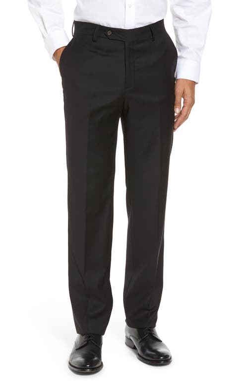 Berle Flat Front Modern Fit Gabardine Stretch Wool Trousers in Black 