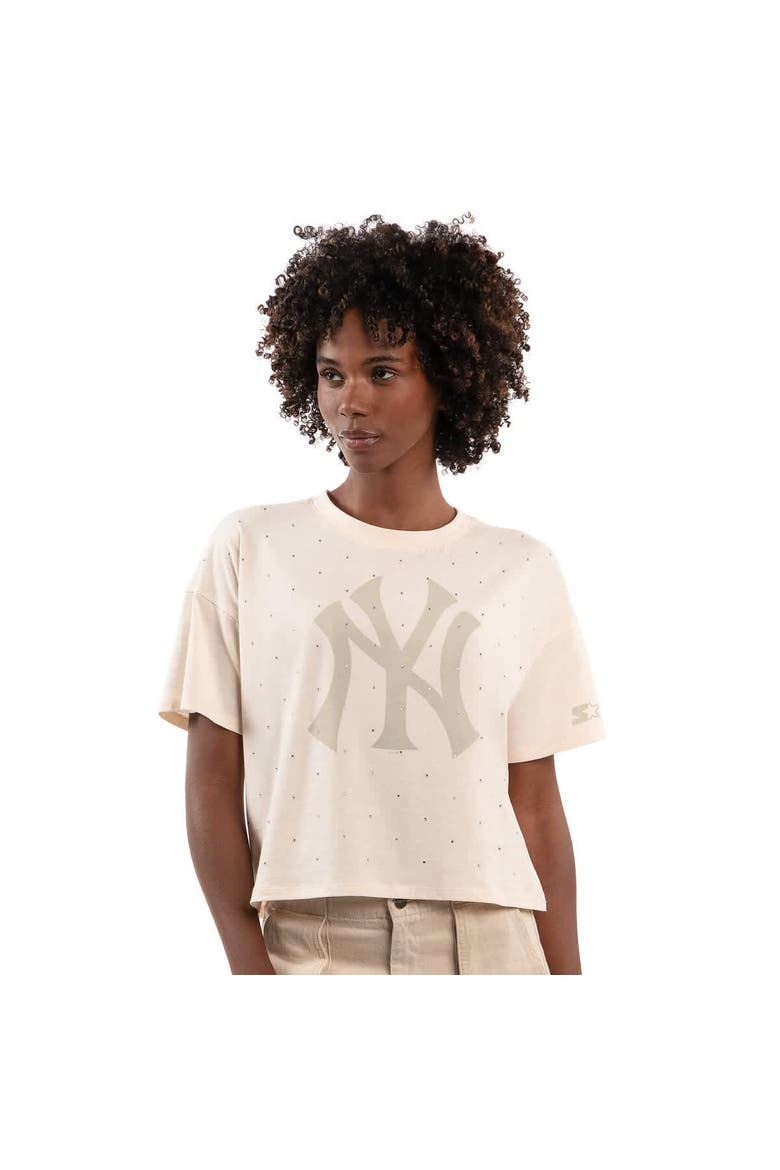 Women's Starter Cream New York Yankees Rhinestone Sprinkle Boxy Cropped T-Shirt, Main, color, Cream