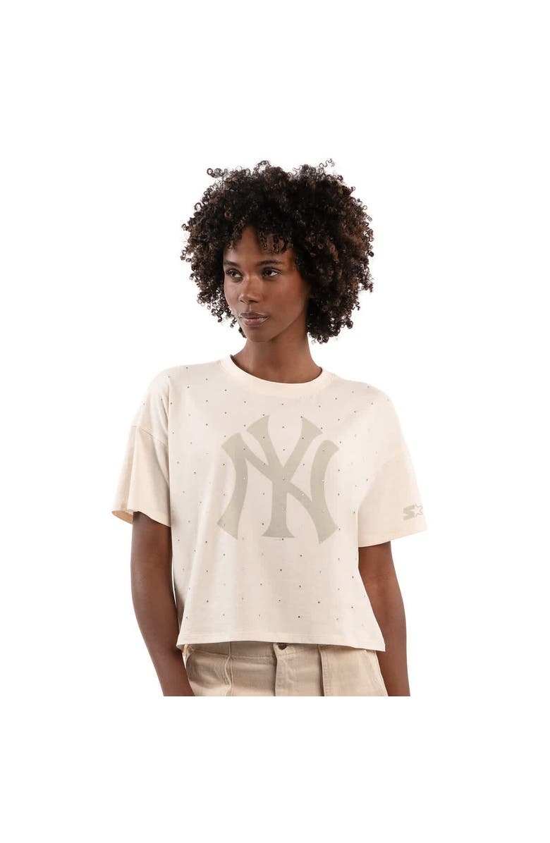 STARTER Women's Starter Cream New York Yankees Rhinestone Sprinkle Boxy Cropped T-Shirt, Main, color, Cream