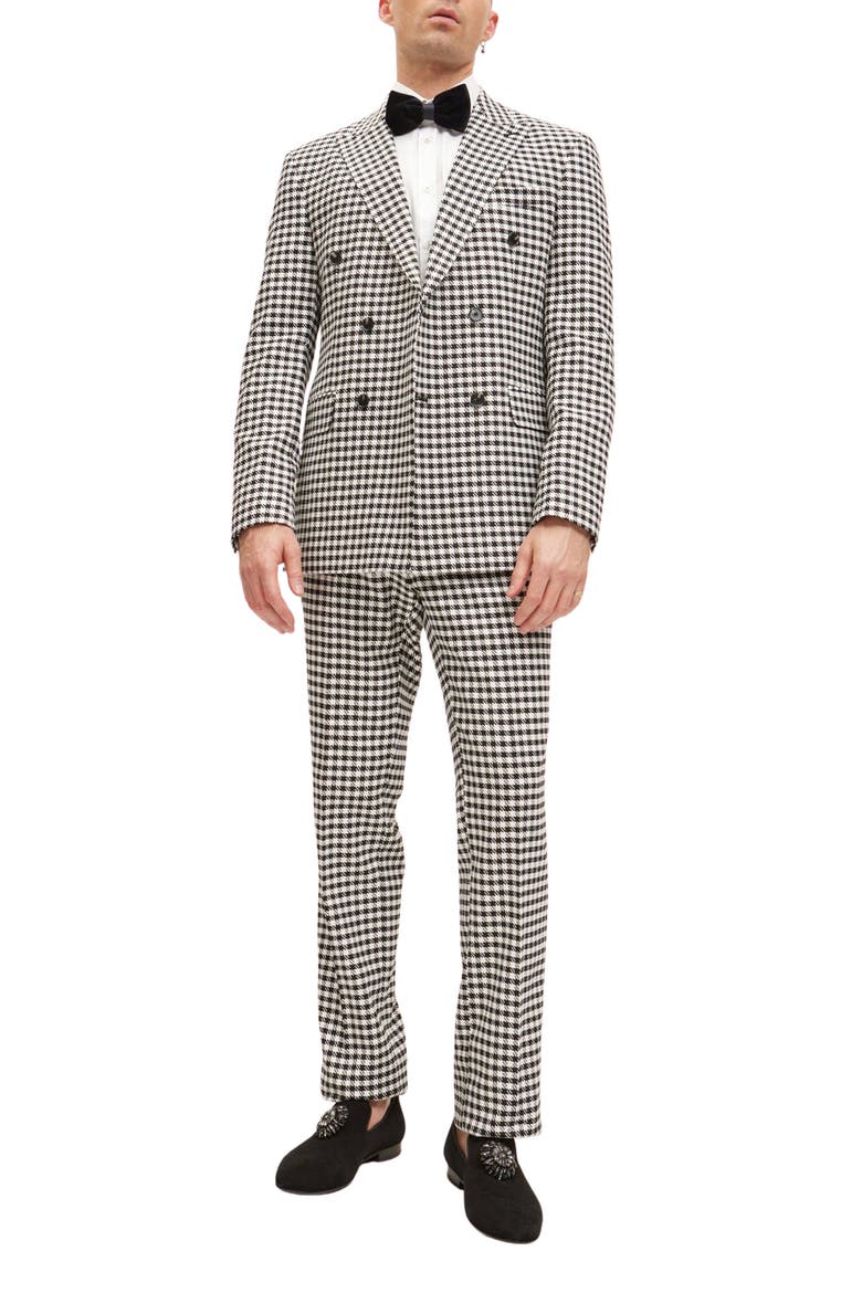 Trim Fit Check Print Peak Lapel Double Breasted Suit, Main, color, BLACK WHITE BLACK