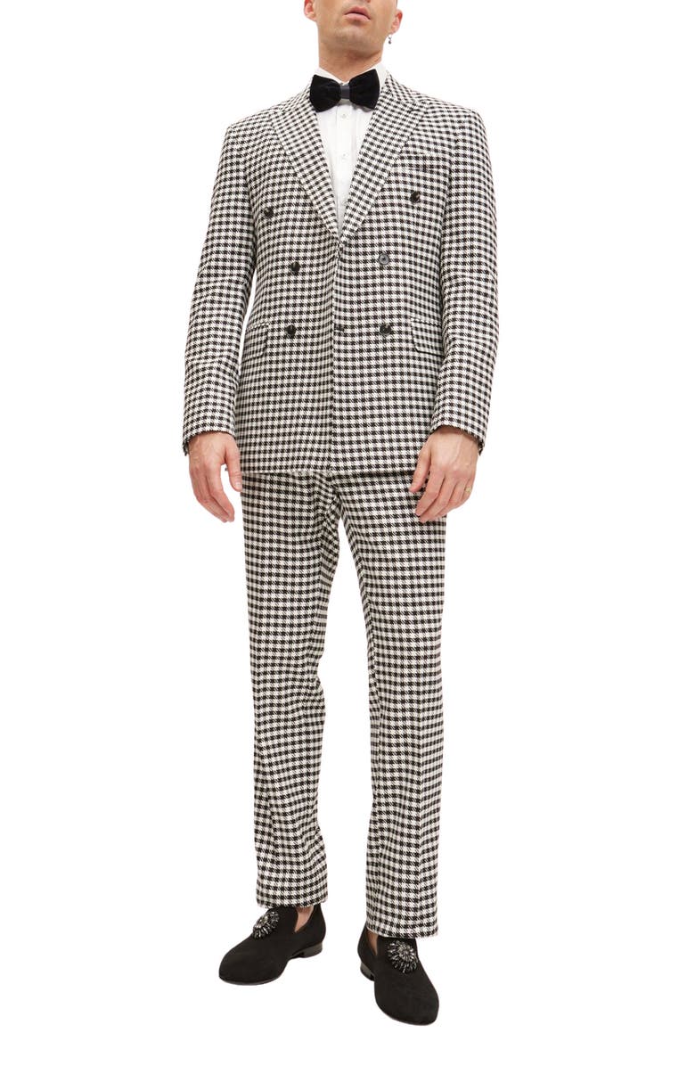 RON TOMSON Trim Fit Check Print Peak Lapel Double Breasted Suit, Main, color, 