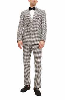 RON TOMSON Trim Fit Check Print Peak Lapel Double Breasted Suit