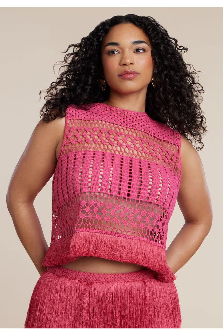 Patbo X Eloquii Fringe Detail Crochet Top, Alternate, color, BRIGHT ROSE