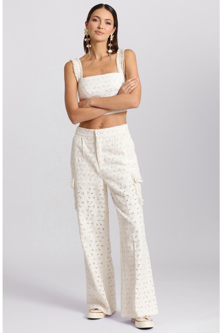 Fringe Trim High Waist Wide Leg Cargo Pants, Alternate, color, WHITE