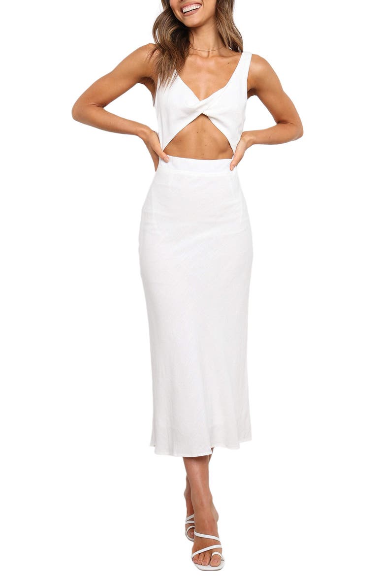 Apollo Cutout Detail Midi Dress, Main, color, WHITE