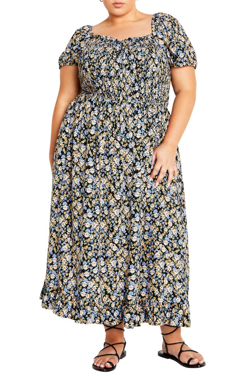 City Chic Emilee Floral Smocked Maxi Dress, Main, color, 