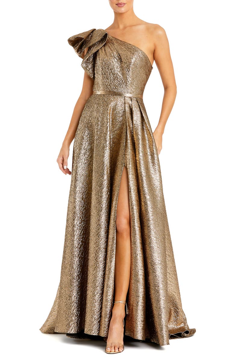 Mac Duggal One Shoulder Bow Detail Metallic Ballgown, Main, color, Antique Bronze