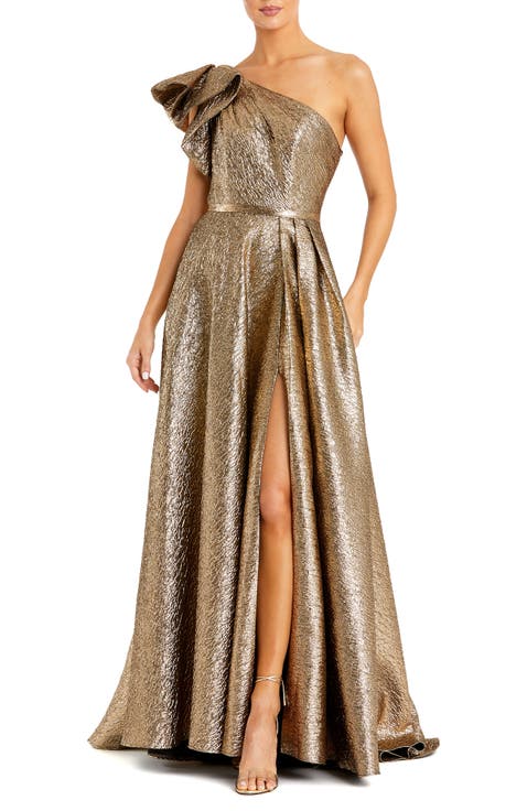 One Shoulder Bow Detail Metallic Ballgown