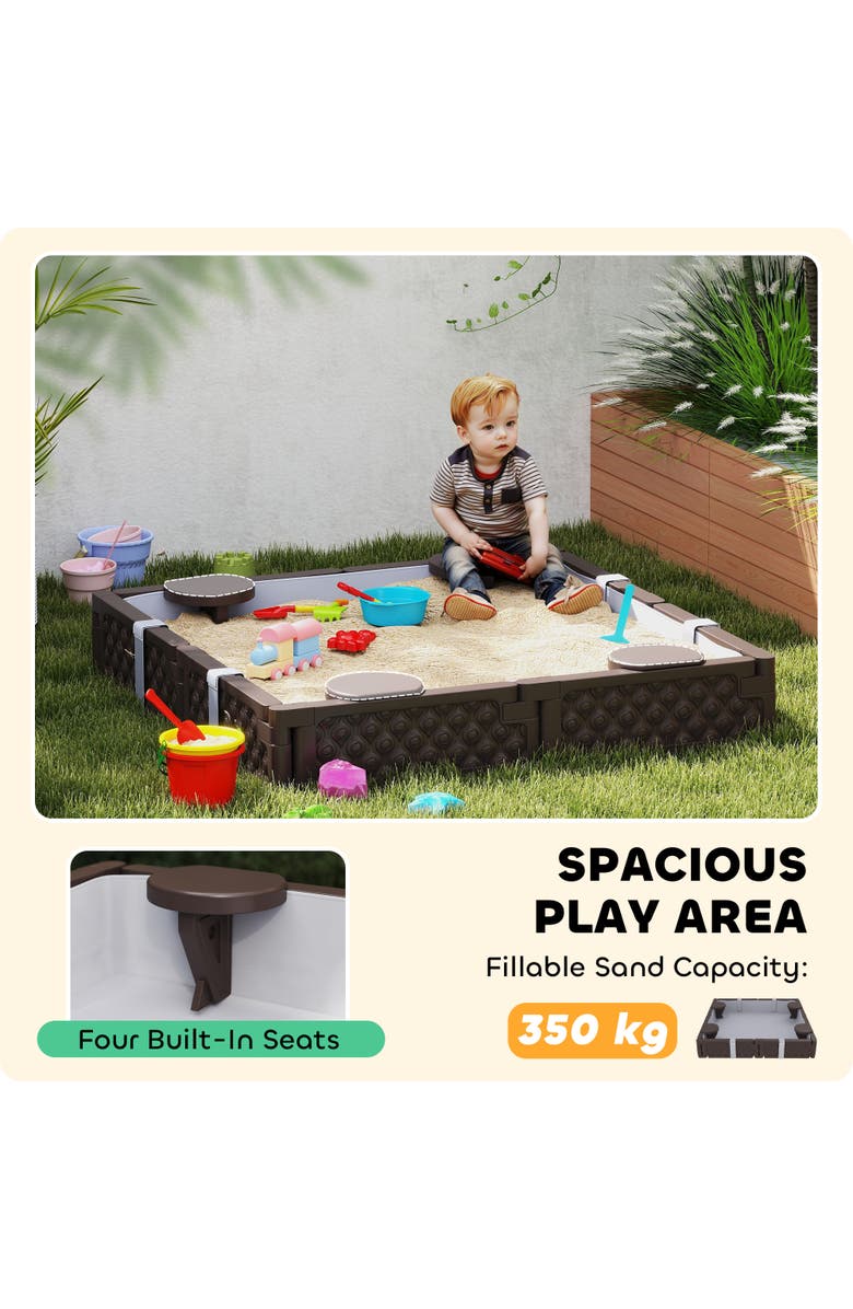 Qaba Kids Sandbox with Cover, 4 Seats & Bottom Liner, Alternate, color, Brown
