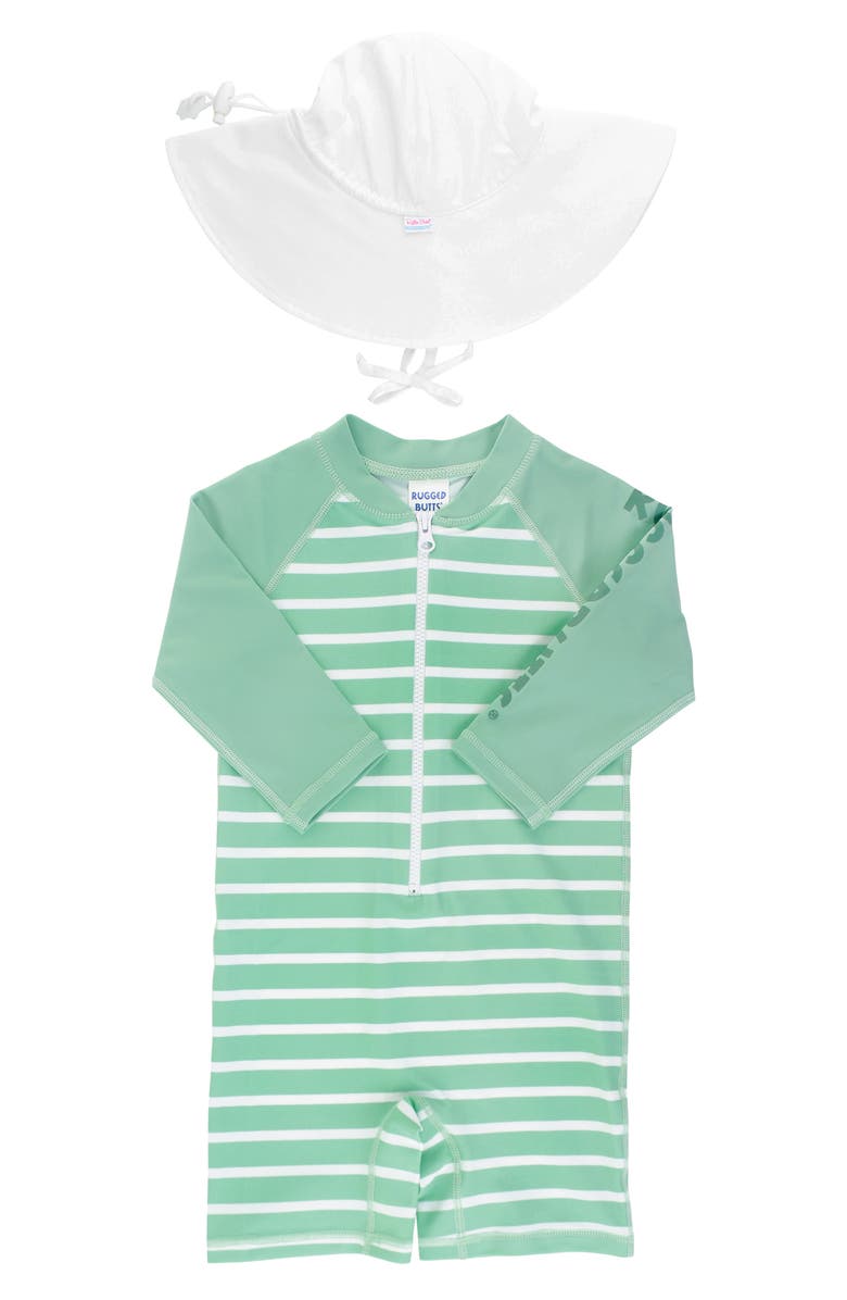 RuggedButts Cornflower Blue One-Piece Rashguard Swimsuit & Hat Set, Main, color,