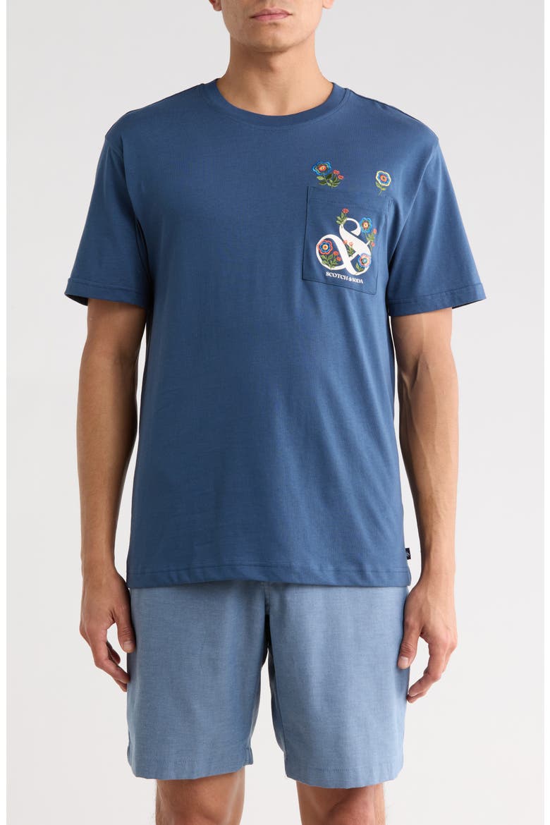 Floral Embroidered Pocket Graphic T-Shirt, Main, color, DARK DENIM