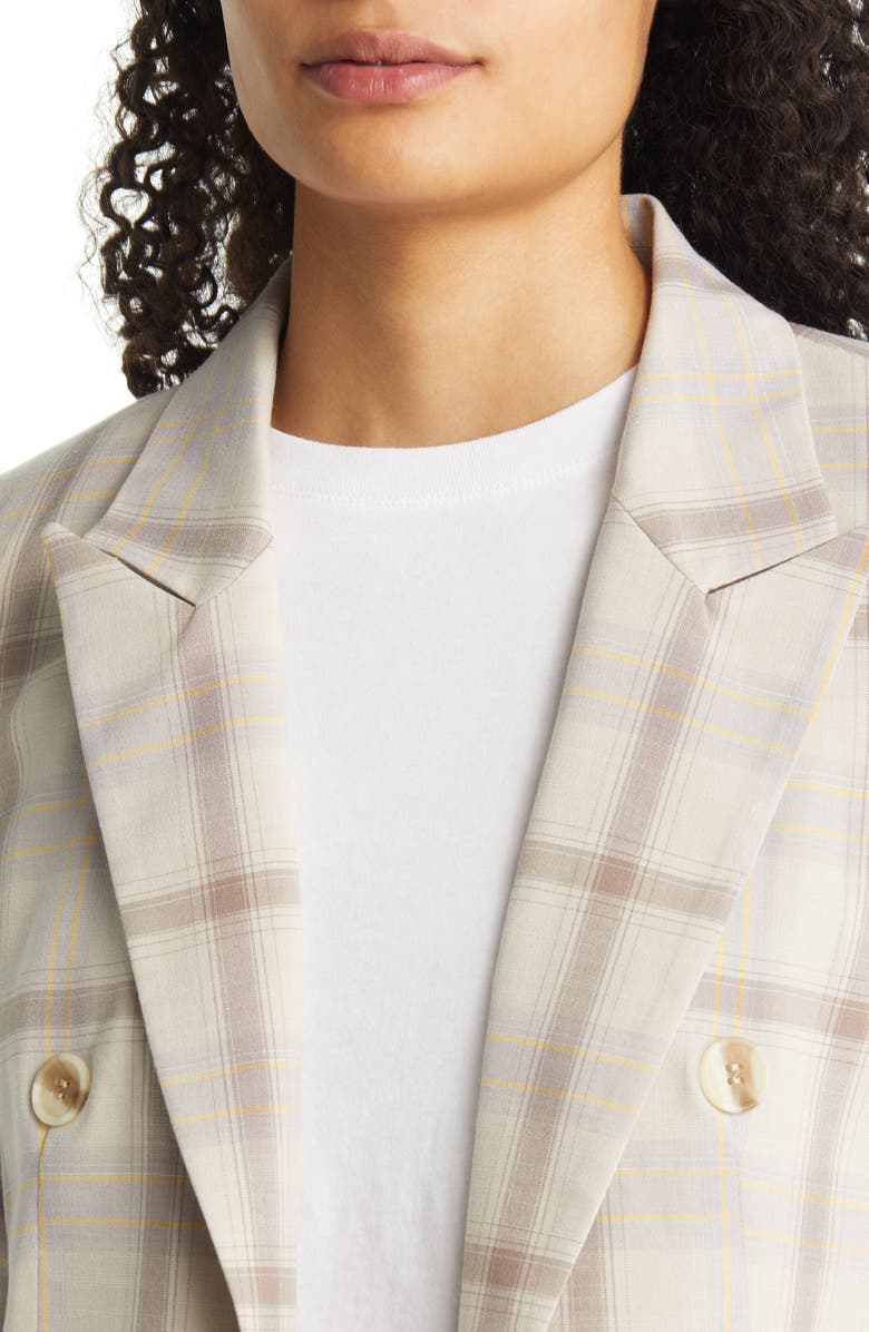 1.STATE Ruched Sleeve Plaid Double Breasted Blazer, Alternate, color,