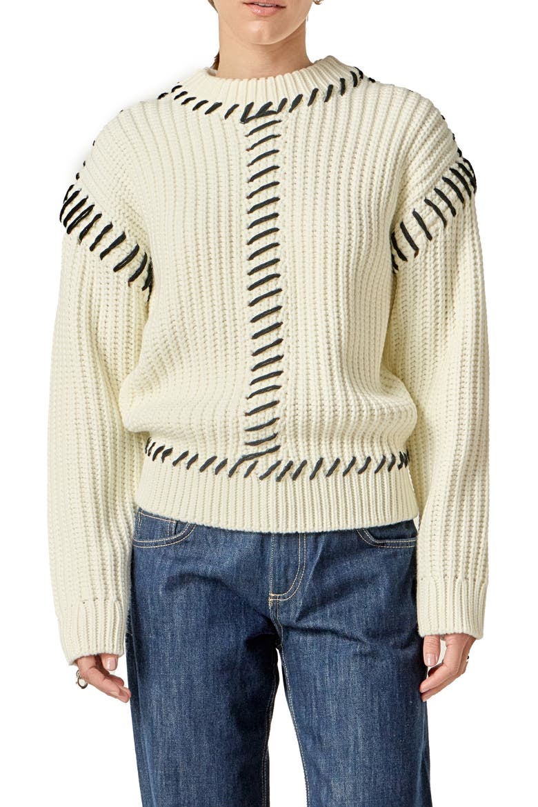 Stitch Detail Chunky Sweater, Main, color, CREAM/ BLACK