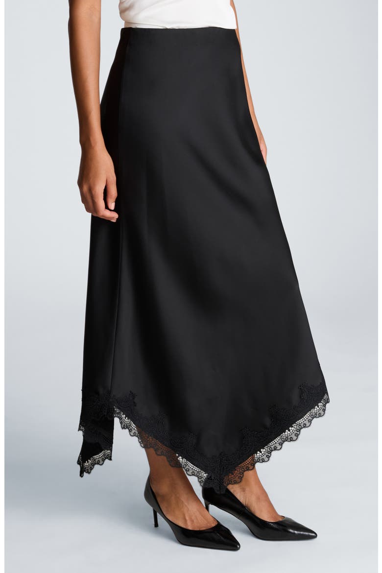 Asymmetric Lace Trim Satin Midi Skirt, Alternate, color, BLACK