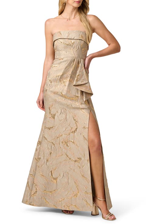 Strapless Metallic Jacquard Draped Gown