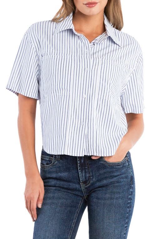 Billy T Spot On Stripe Linen Blend Crop Button-up Shirt In Navy Blue Stripes
