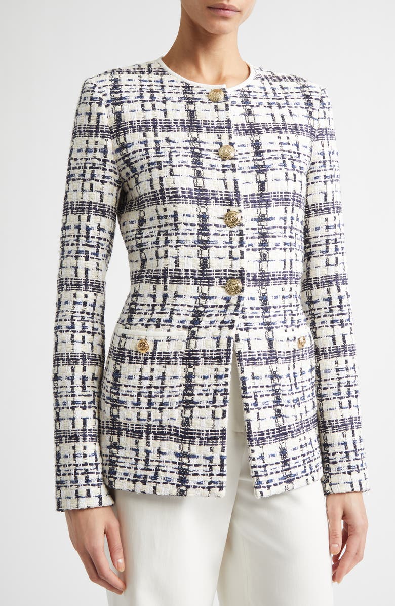 ST. JOHN Amara St. Tropez Plaid Tweed Jacket, Alternate, color, Ecru/Bright White/Black Multi