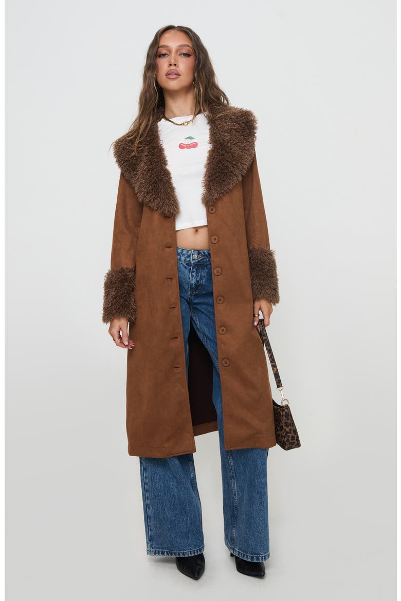 After Party Faux Suede Long Coat with Faux Shearling Trim, Alternate, color, BROWN