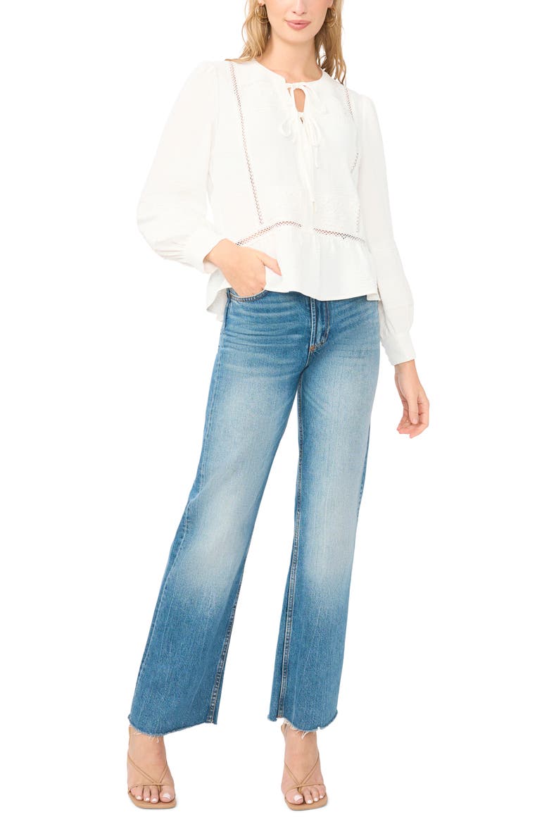 Lace Yoke Tie Front Long Sleeve Top, Alternate, color, ULTRA WHITE