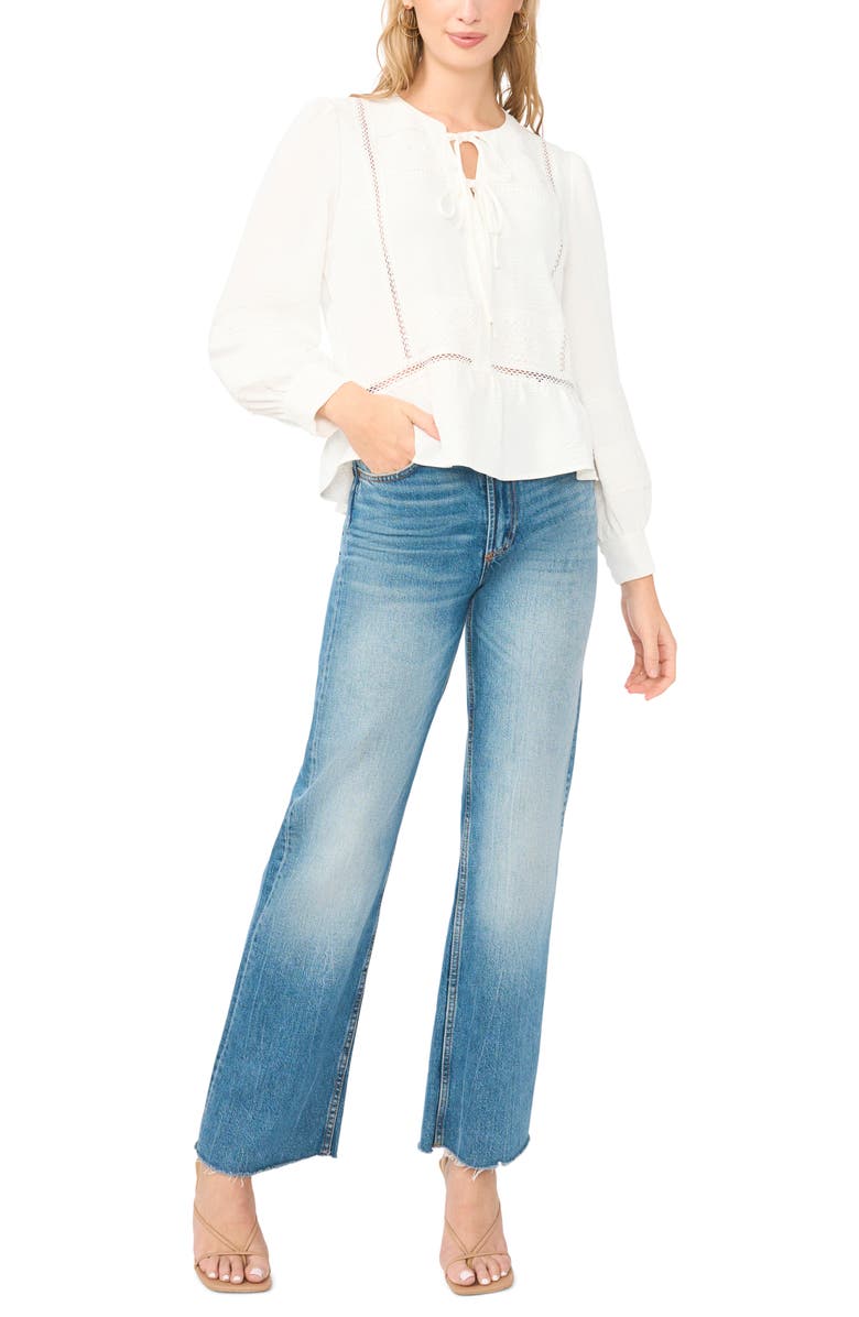 Vince Camuto Lace Yoke Tie Front Long Sleeve Top, Alternate, color, Ultra White