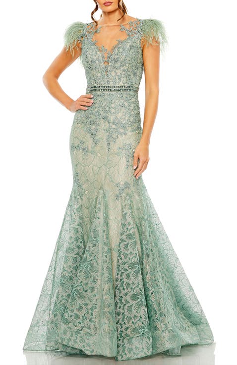 Embellished Feather Cap Sleeve Illusion Neck Trumpet Gown