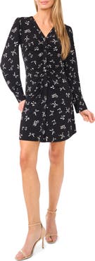 CeCe Shirred Print Long Sleeve Button-Up Dress