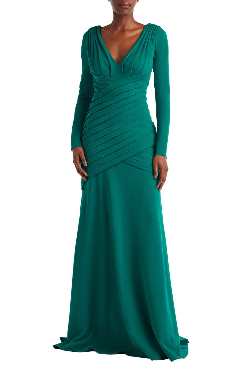 Tadashi Shoji Pleat Detail Long Sleeve Gown, Main, color, Emerald